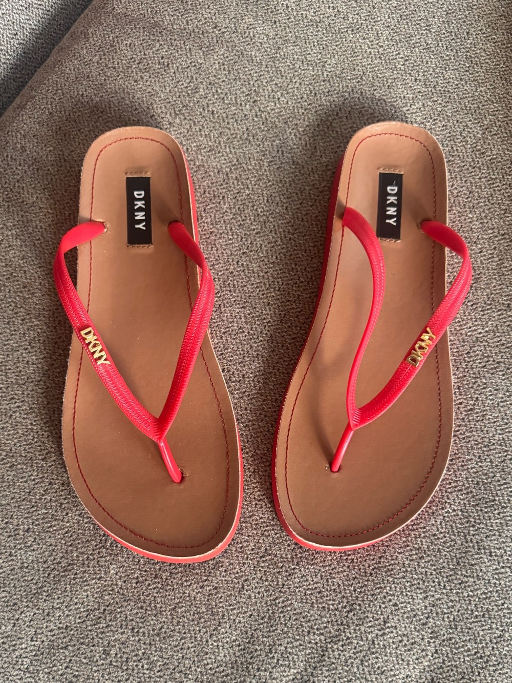 DKNY Red Strap Tan Footbed Flip Flop Sandals